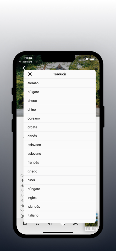 A language translation menu inside the Editorial Televisa app showing options like French English and Italian