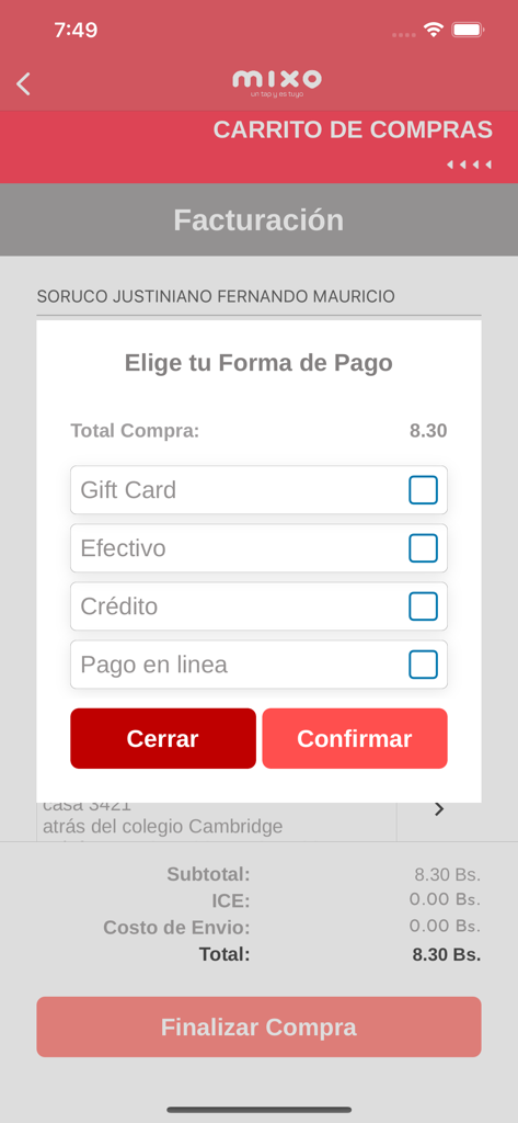 Mixo mobile app checkout screen showing payment method selection window