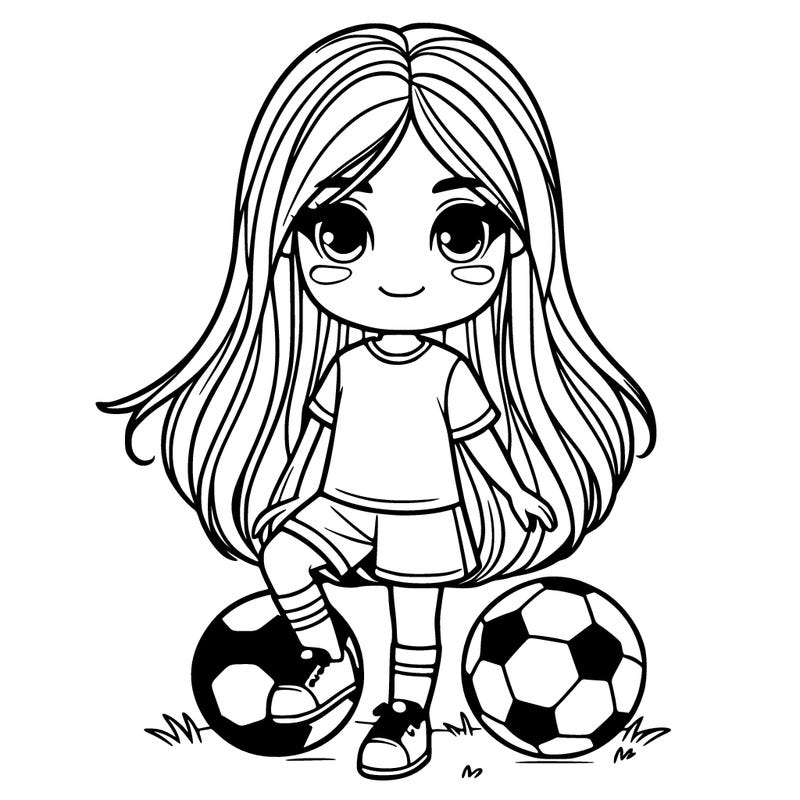a girl in the middle that has long hair and soccer clothes and a soccer ball