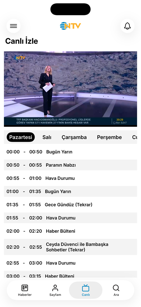 Pantalla de transmisión en vivo de la aplicación de noticias NTV con el programa de transmisión diario
