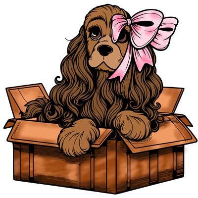 a spaniel american cocker with a beautiful bow coming out if a box realistic cute