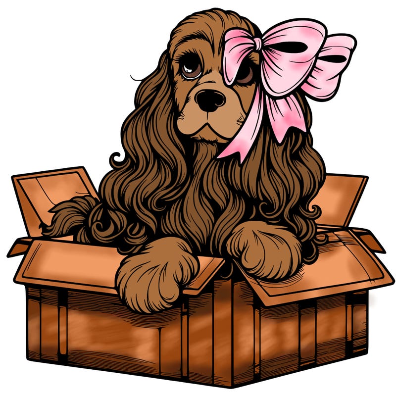 a spaniel american cocker with a beautiful bow coming out if a box realistic cute