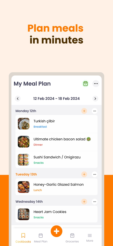 A mobile interface of the ReciMe app showing a weekly meal plan with scheduled recipes and categories