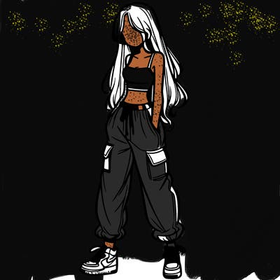 girl in baggy pants crop top and long hair