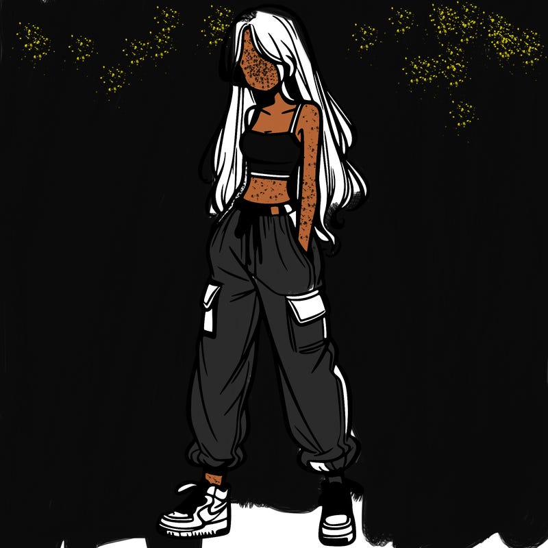 girl in baggy pants crop top and long hair