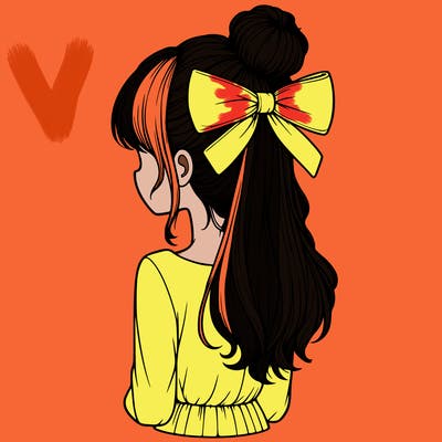 realistic girl  with hip length hair a bun and a big bow on the back of head