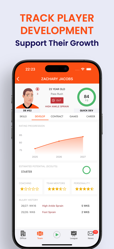 Pocket GM 3: Football Sim - A detailed dashboard in Pocket GM 3 showing a football player's development rating progression graph and injury history