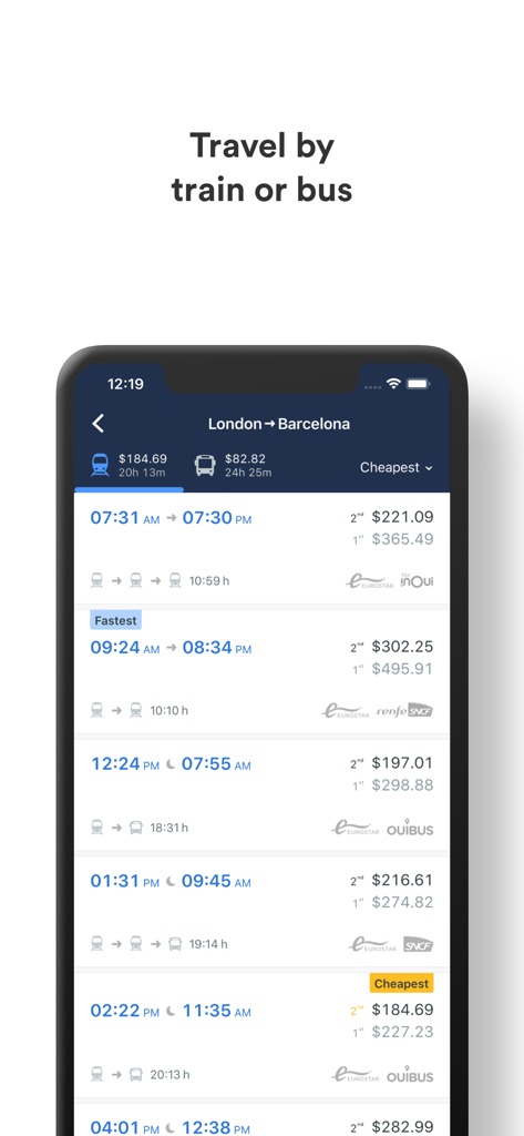 Trainline Business EU - App interface showing train and bus travel options between London and Barcelona with departure times and ticket prices in USD.