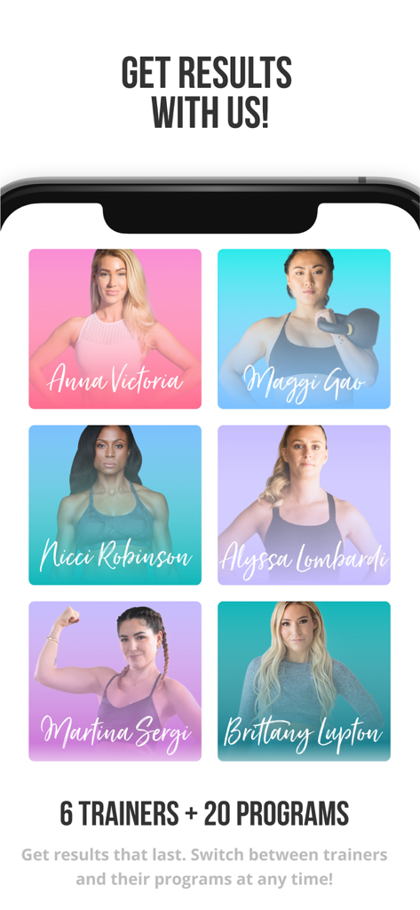 Eine Präsentation von sechs professionellen weiblichen Trainerinnen der Bodylura-App, die vielfältige Fitnessprogramme anbieten.