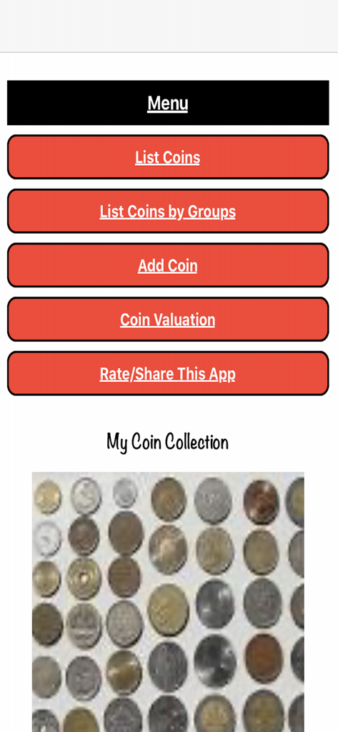 My Valuable Coin Collection - Main menu of the My Valuable Coin Collection app showing navigation buttons and a grid of collected coins