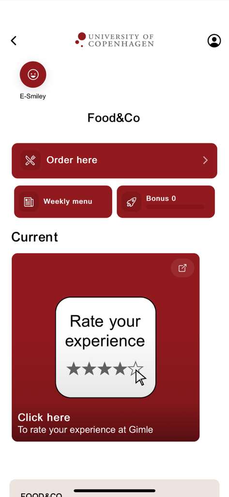 Eat@KU - Mobile app home screen for campus dining featuring buttons to order food, view the weekly menu, and track bonus points.