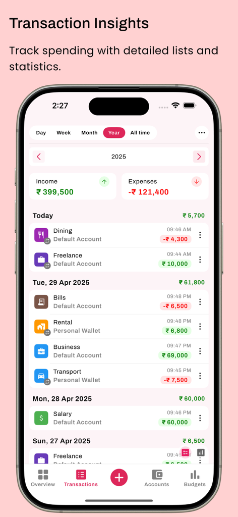 Habit Tracker - HabitGenius - Aplicación móvil HabitGenius que muestra un registro detallado de transacciones con seguimiento de ingresos y gastos