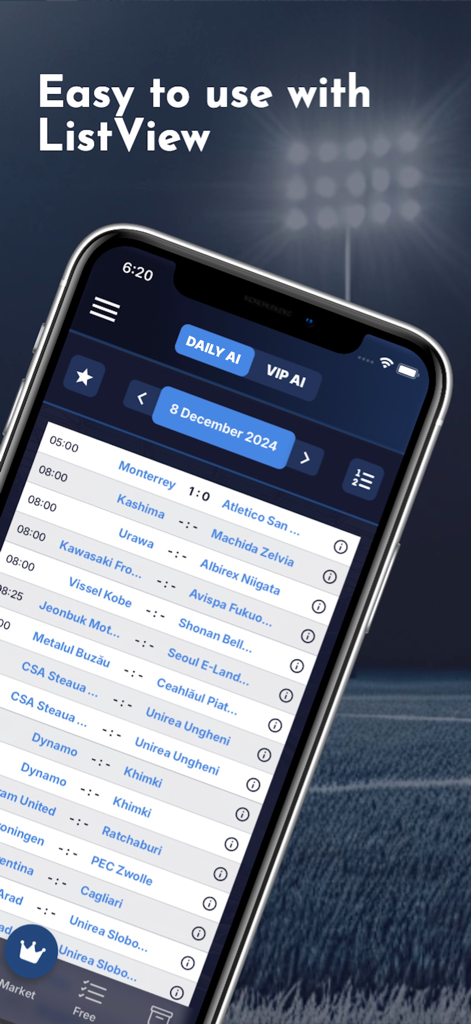 Go Betting Tips & Predictions - Interface of Go Betting Tips app showing a list of soccer matches and AI prediction categories