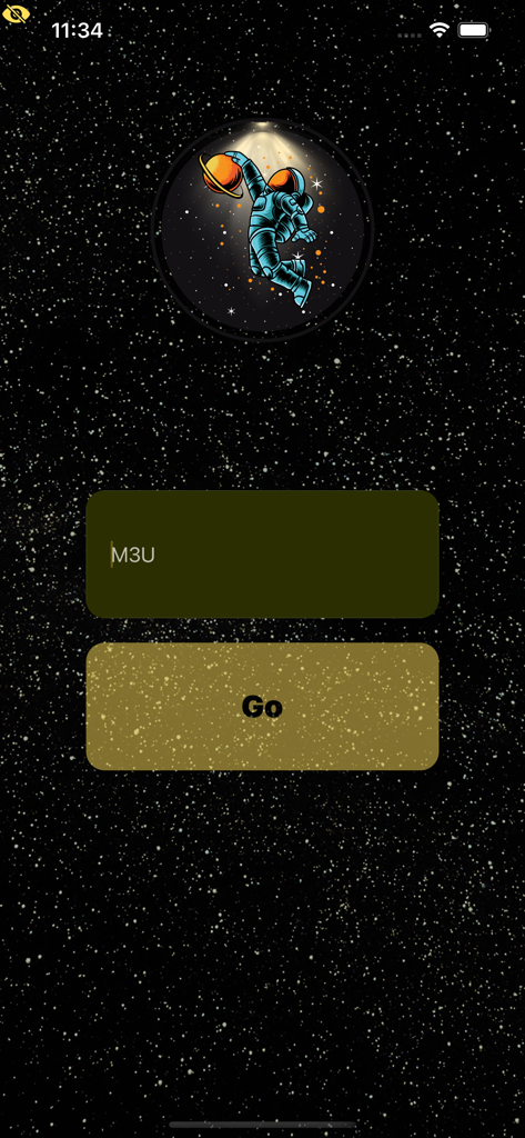 Pantalla de inicio de la aplicación Universe Go con un campo de entrada de enlace M3U y un botón Ir con un gráfico de astronauta sobre un fondo estrellado
