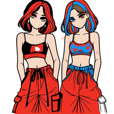 two girls with crop top with baggy pants