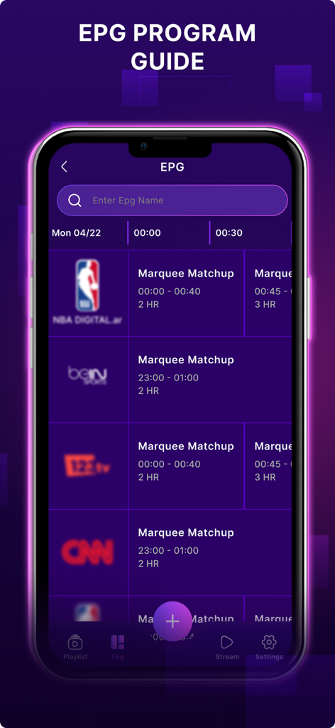 IPTV Player: Xtream, M3U, EPG - Pantalla de guía electrónica de programas que muestra horarios de canales de TV en vivo y listados de deportes