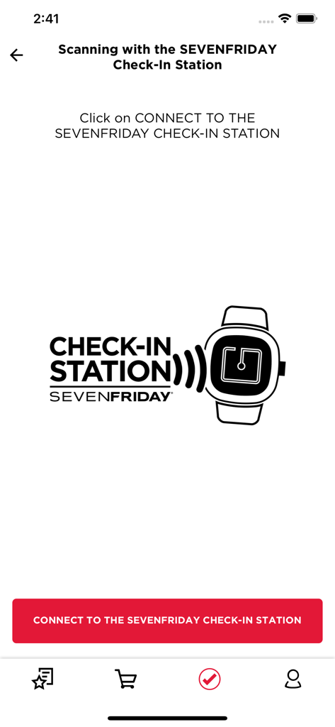 Pantalla de la aplicación SEVENFRIDAY mostrando la interfaz para conectarse a una estación de check-in para la autenticación del reloj
