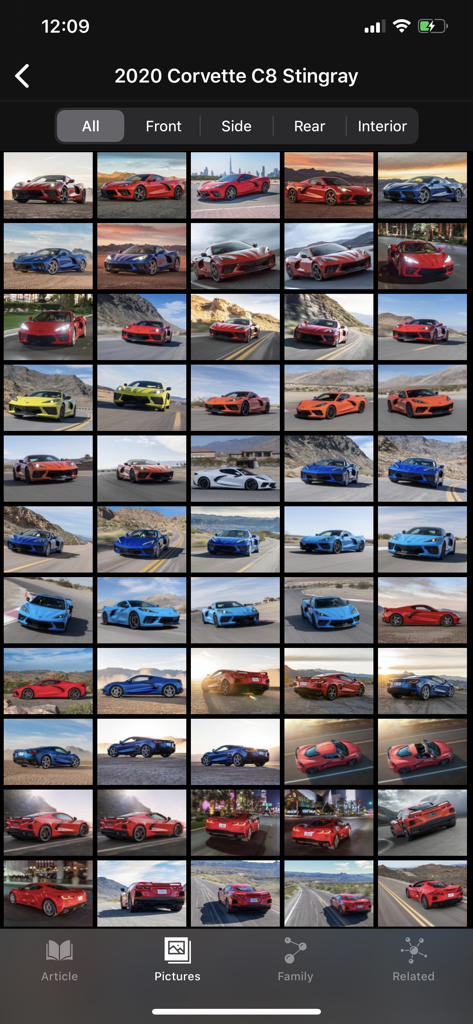 Una cuadrícula de fotografías profesionales del Corvette C8 Stingray 2020 en la galería de la aplicación NetCarShow.