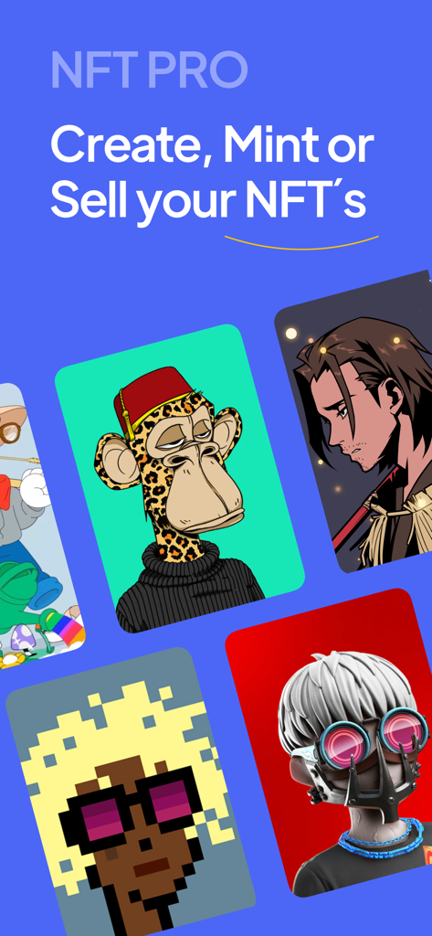 NFT Creator - Art Maker & Mint - NFT Creator app interface with options to create mint and sell digital art assets