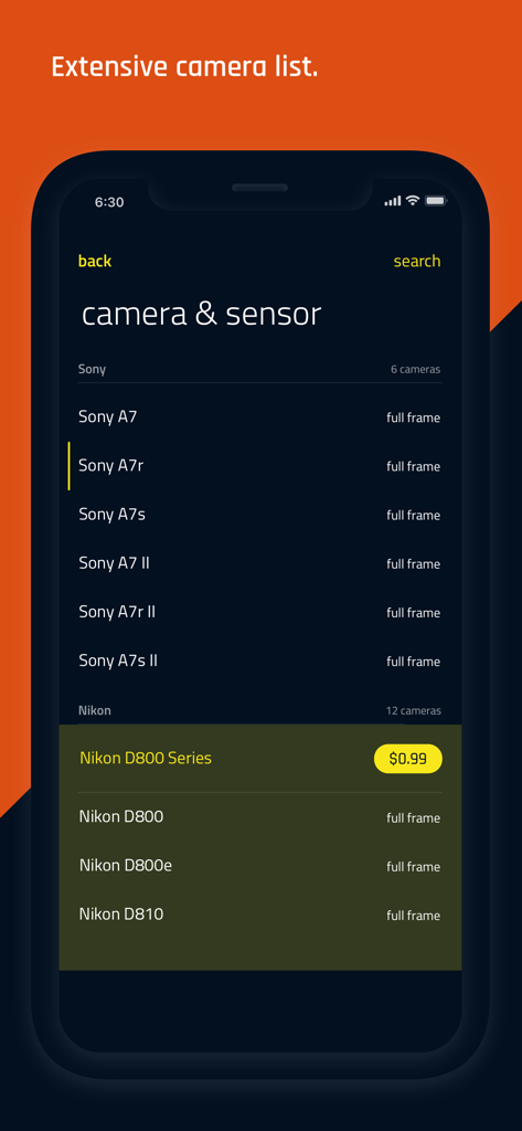 DOF Pro - La pantalla de selección de cámara y sensor en la aplicación DOF Pro que muestra una lista de marcas y modelos de cámaras como Sony y Nikon.