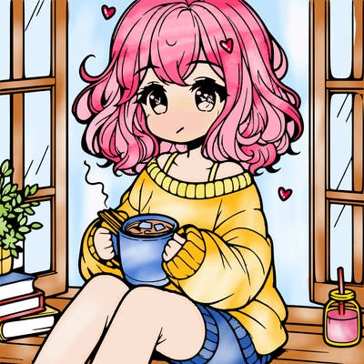 cute anime girl reading book and drinking hot chocolate from mug with loose wavy hair wearing a baggy sweatshirt and shorts sitting by windowsill looking out