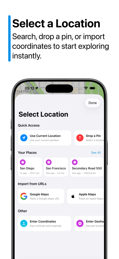Rahhal 내비게이션 앱의 위치 선택 화면으로 현재 위치 사용, 핀 드롭 또는 좌표 가져오기 옵션이 있습니다.