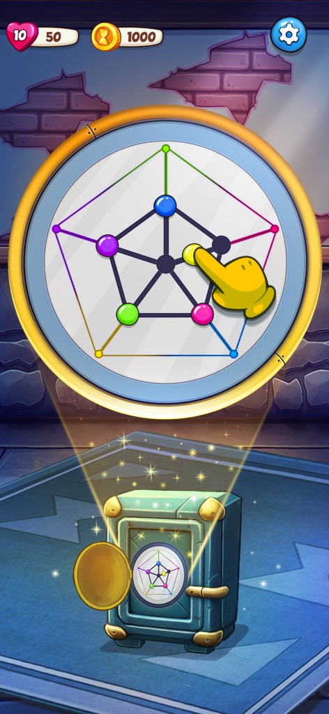 A logic puzzle with colored nodes being solved to unlock a safe in Escape Time