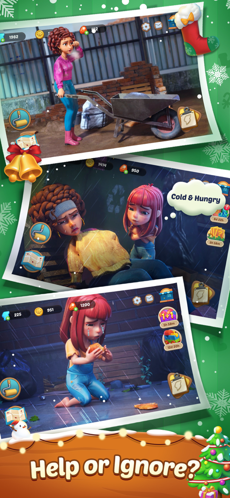 Three scenes from Seaside Escape showing characters in need during a winter storm with a prompt asking to Help or Ignore.