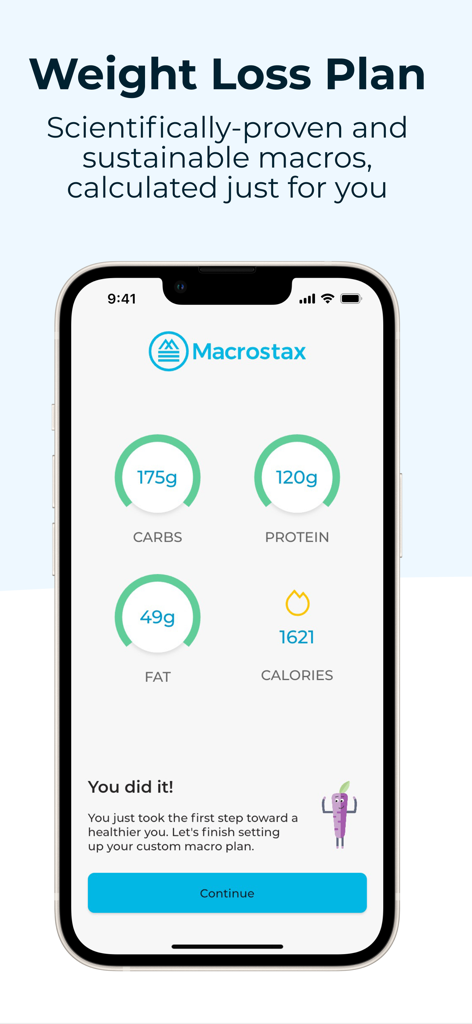 Macrostax: Diet & Meal Planner - A smartphone screen showing the Macrostax app displaying a personalized weight loss plan with specific daily targets for carbs protein fat and calories.
