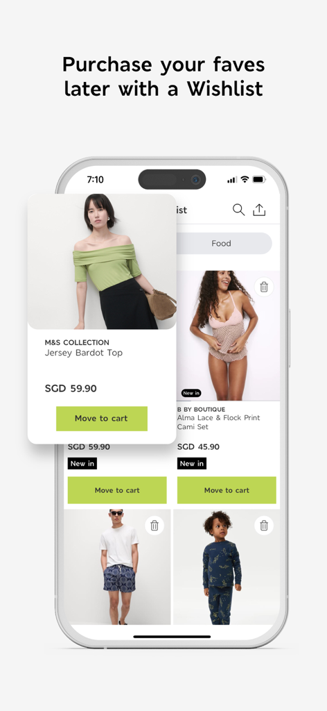 M&S ASIA – Fashion & Food - M&S ASIA mobile app screen showing a wishlist with saved fashion items and options to move to cart