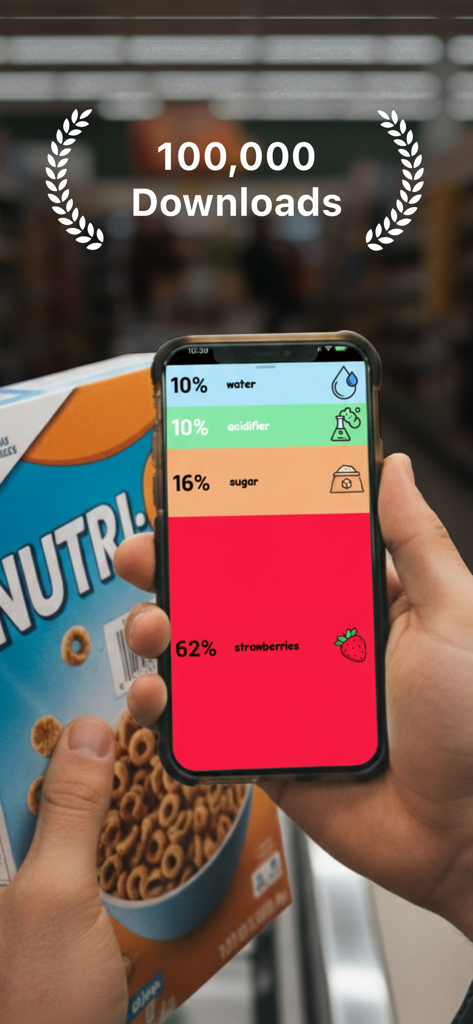 Nutri-Scan - Una persona usando la aplicación Nutri-Scan en un iPhone para ver un desglose visual de los ingredientes de los alimentos en un supermercado
