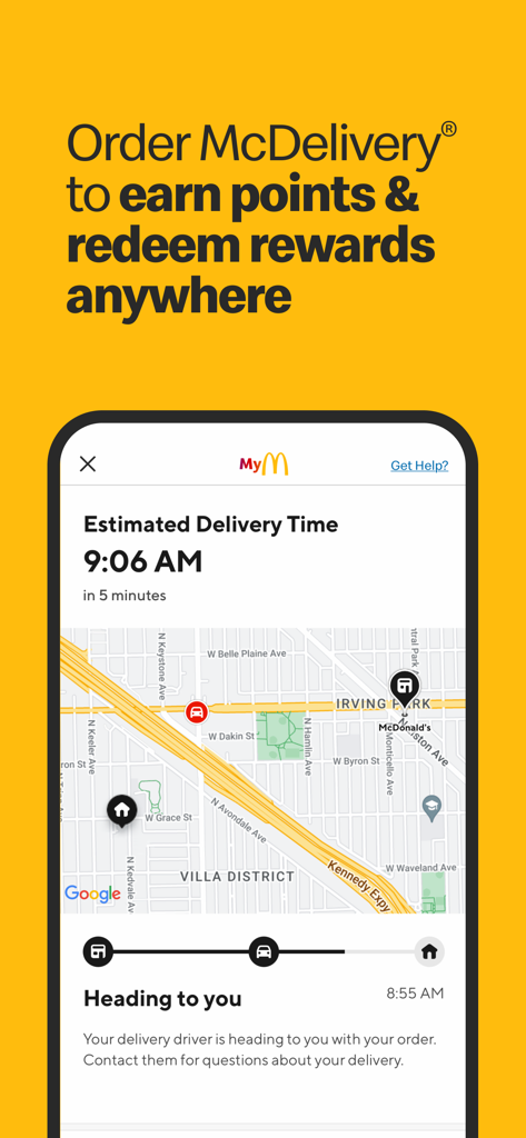 McDonalds mobile app interface showing real time delivery tracking on a map with estimated arrival time