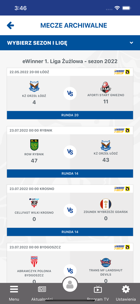 Screen showing a list of archived speedway match results from the 2022 season in the Polski Zuzel mobile app.