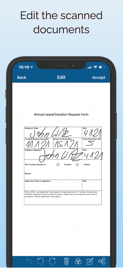 ScanBox – PDF Scanner & OCR - ScanBox App-Bildschirm, der ein unterschriebenes Urlaubsantragsformular zeigt, das auf einem iPhone bearbeitet wird.