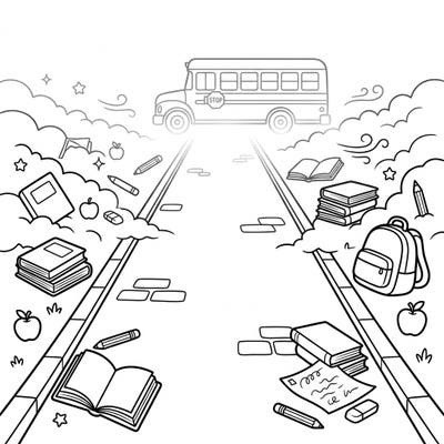 Prepare for a unique back-to-school adventure with this captivating coloring page featuring a mysterious foggy road. Discover scattered school supplies and a distant school bus, perfect for imaginative coloring fun.