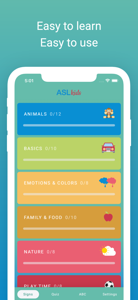 ASL Kids - School - Screenshot des Hauptmenüs der ASL Kids School App mit bunten Lernkategorien wie Tiere und Grundlagen