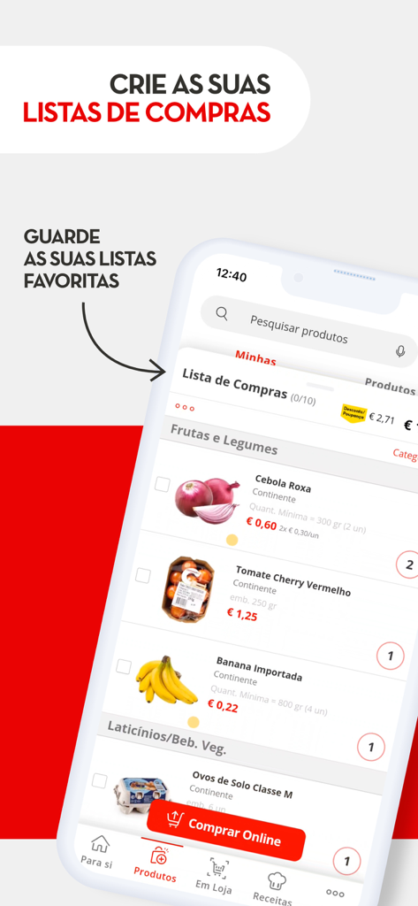 A mobile app screen showing the creation of a grocery shopping list with items like onions and tomatoes in the Continente Siga app.