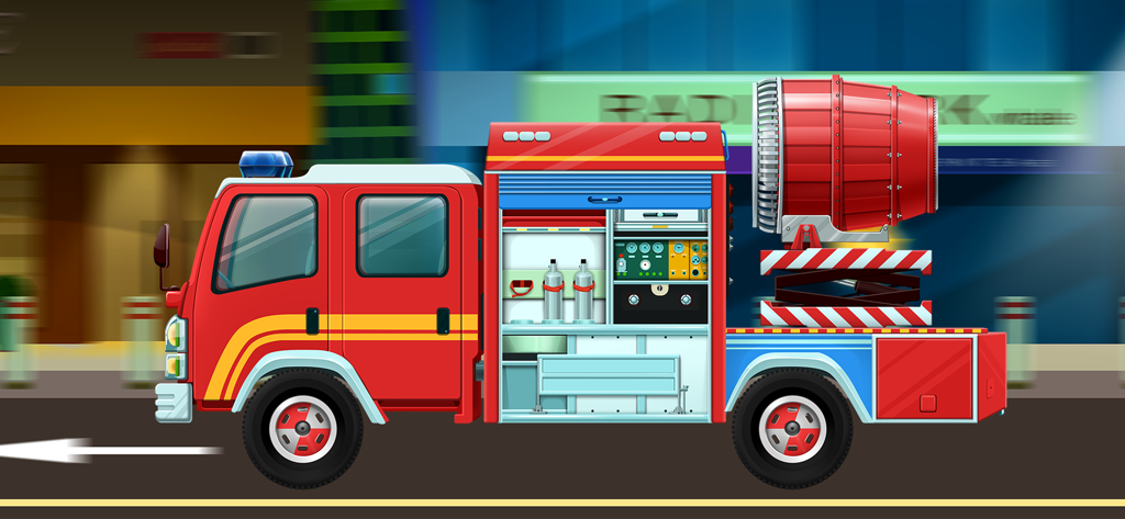 Truck Builder - Games For Kids - Cartoon red fire truck with a turbine driving on a city road in Truck Builder games for kids