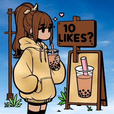 girl with oversized hoodie drinking boba and she has a high ponytail with a sign that says 10likes?
