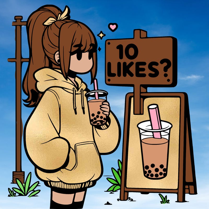 girl with oversized hoodie drinking boba and she has a high ponytail with a sign that says 10likes?