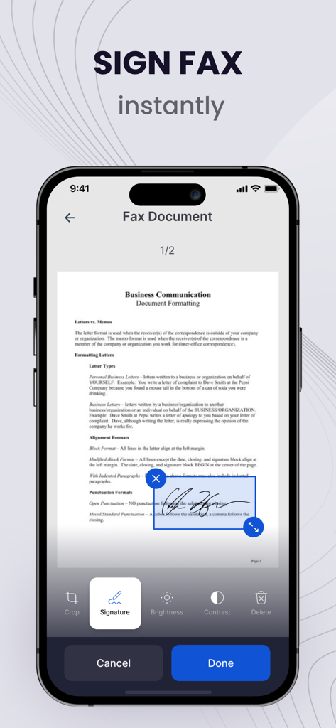 Interface de l'application Smart Fax montrant comment ajouter une signature numérique à un document instantanément