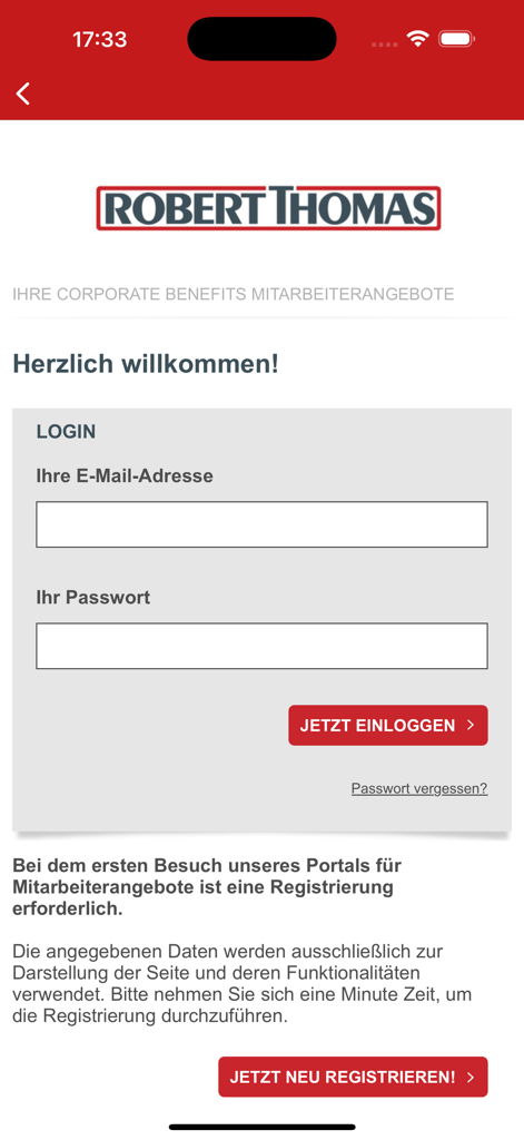 ROTHO Concrete Employee App - Pantalla de inicio de sesión para la ROTHO Concrete Employee App que muestra campos de correo electrónico y contraseña para beneficios corporativos.