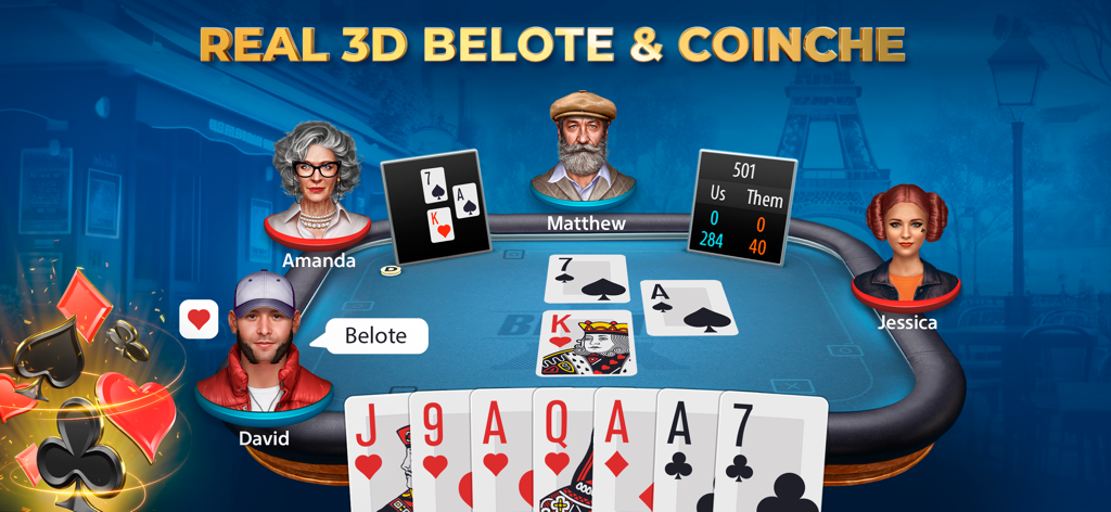 Belote & Coinche by Pokerist - Uma mesa de jogo de cartas 3D de Belote e Coinche mostrando avatares de quatro jogadores e um fundo parisiense com a Torre Eiffel.