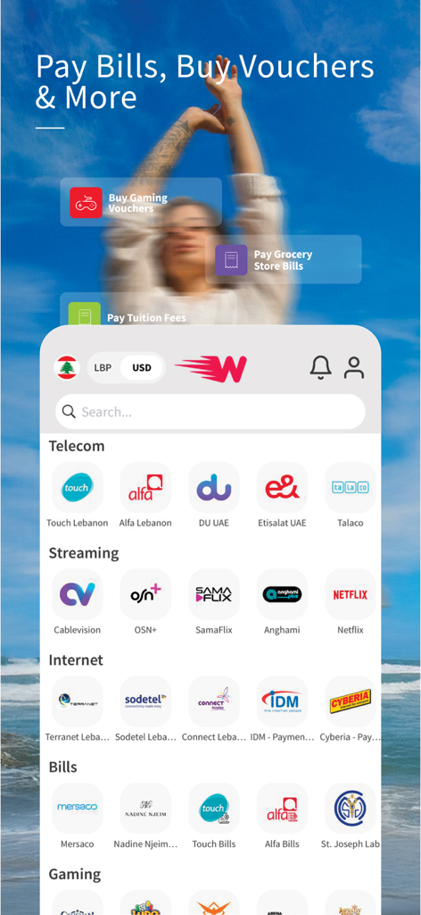 Whish Money - Interface of the Whish Money app displaying various services including telecom, streaming, internet, and bill payments for Lebanon.