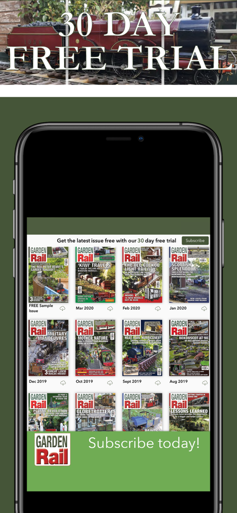 Garden Rail Magazine mobile app interface showing a 30 day free trial banner and a collection of digital magazine issues.