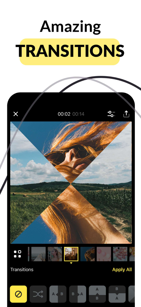 A smartphone screenshot of SlideLab showing an X-shaped transition effect between photos in a slideshow creator.
