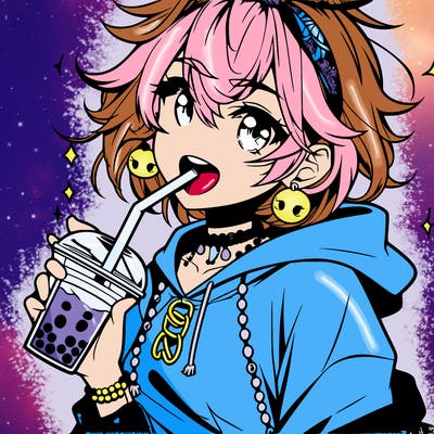 hot baddie anime girl drinking boba and biting the straw