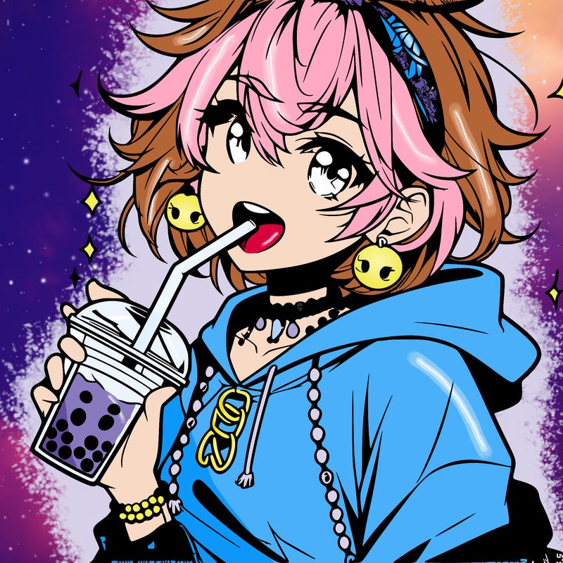 hot baddie anime girl drinking boba and biting the straw