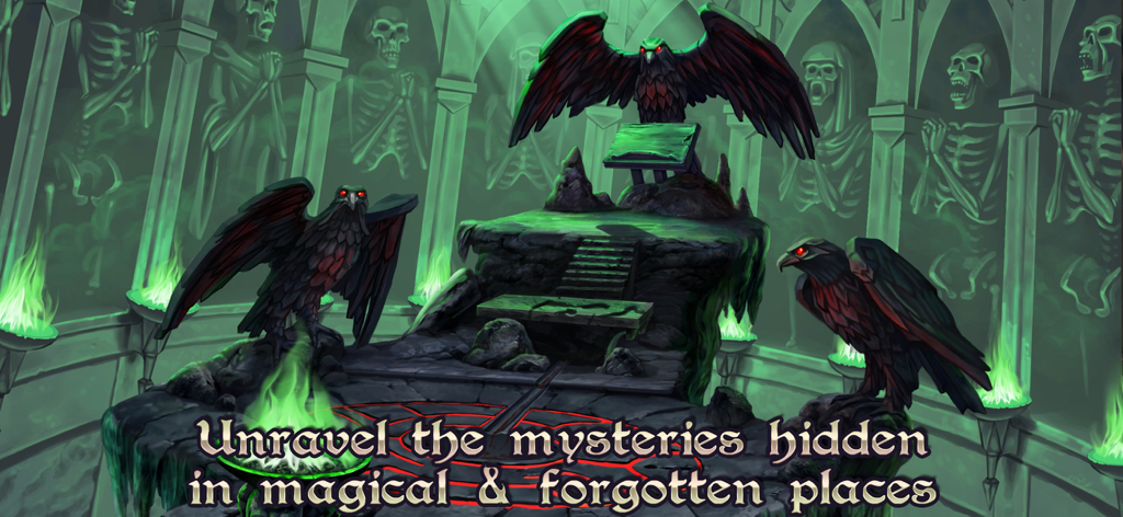 Bathory - The Bloody Countess - Chambre gothique sombre avec de grands corbeaux et des flammes vertes dans un jeu d'objets cachés