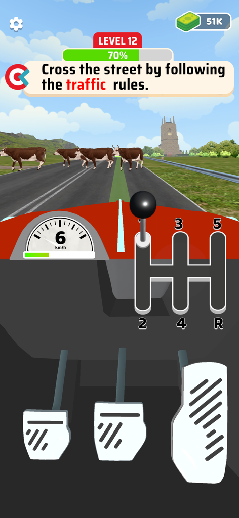 Gameplay of Clutch Hero featuring manual transmission controls with clutch brake and accelerator pedals